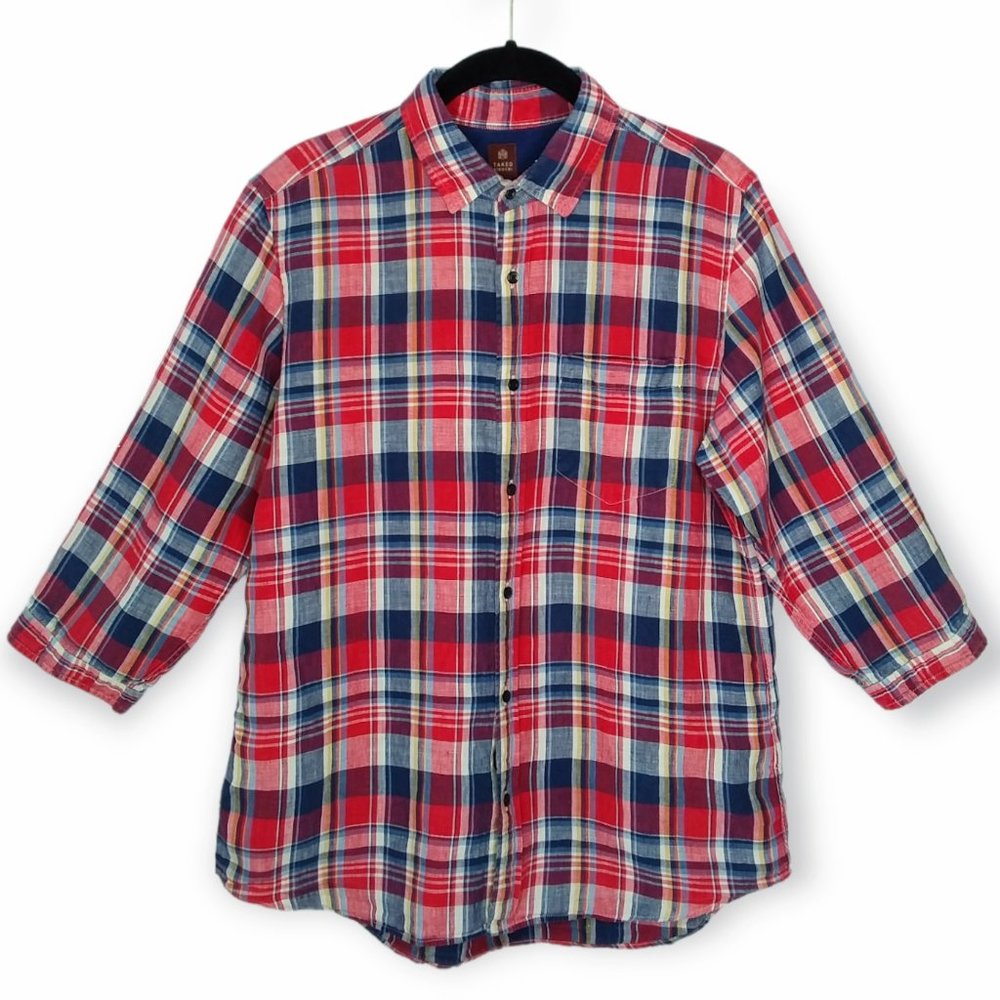 Takeo Kikuchi 100% Linen Button Front Shirt Size 3 Red Blue Plaid Japanese